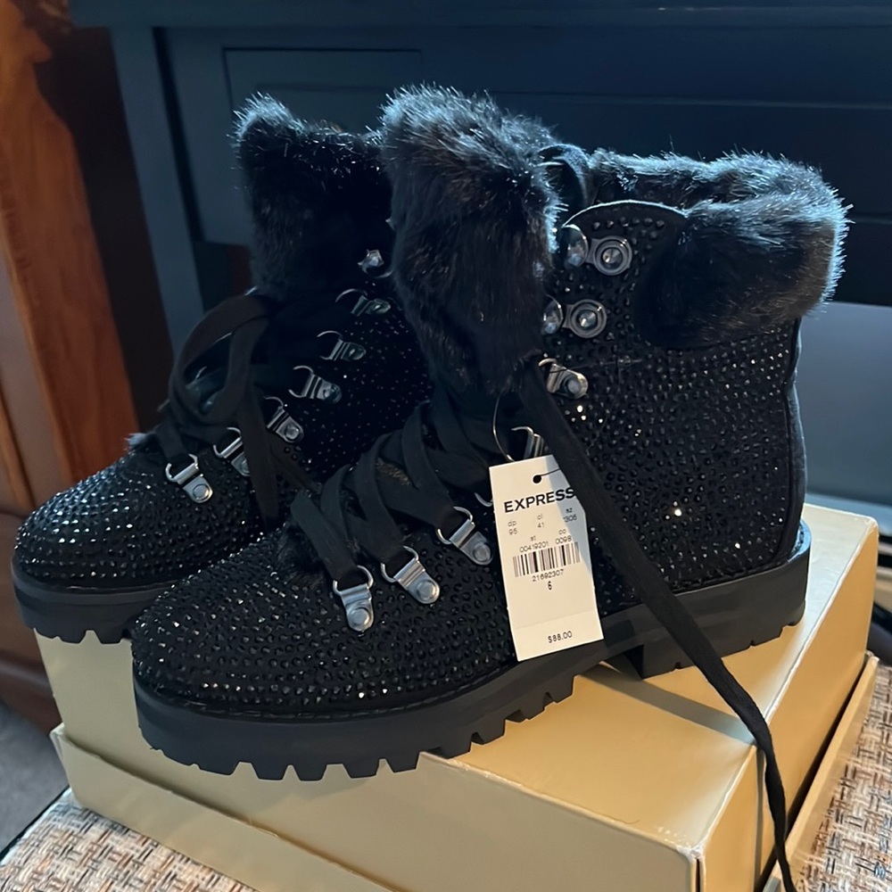 Express Black Sequin Combat Boots